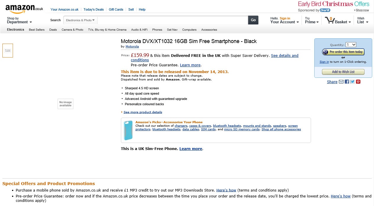 MOTO G登陆卓越亚马逊英国站160英镑 本周四出货 约合人民币1573元 MOTO G登陆卓越亚马逊英国站160英镑 本周四出货 约合人民币1573元