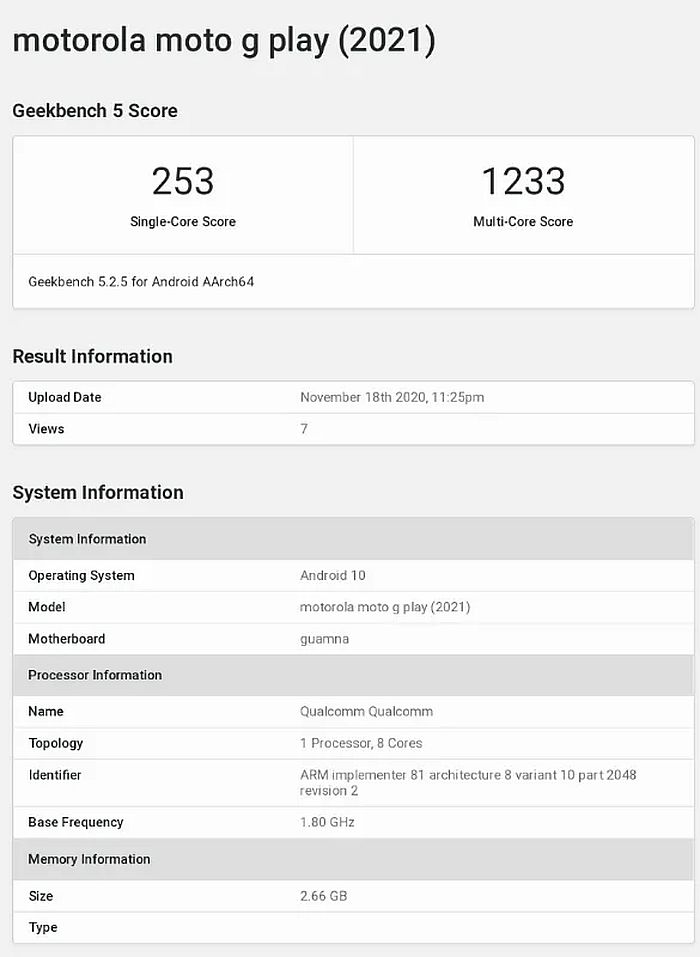 摩托罗拉Moto G Play(2021)跑分曝光：3GB内存+Android 10
